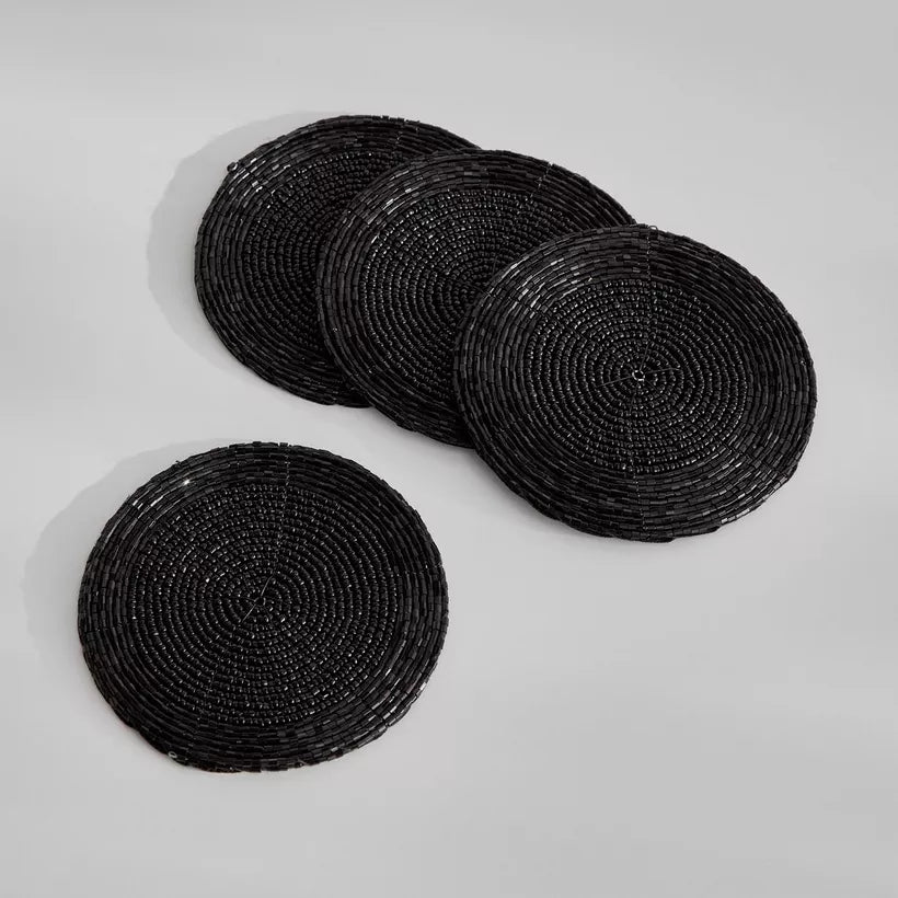 Chic Black Beaded Round Coasters (Set of 4)