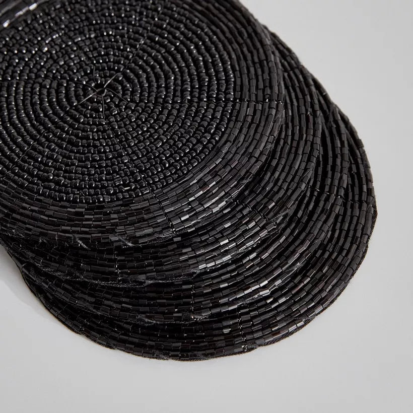 Chic Black Beaded Round Coasters (Set of 4)