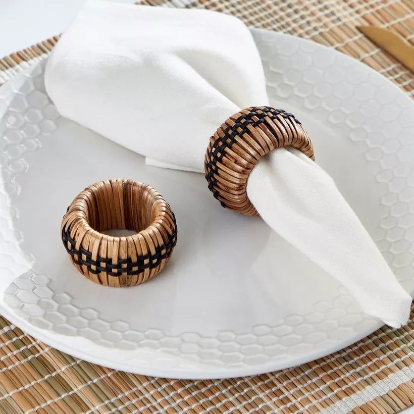 Handwoven Rattan & Black Accent Napkin Rings (Set of 2)