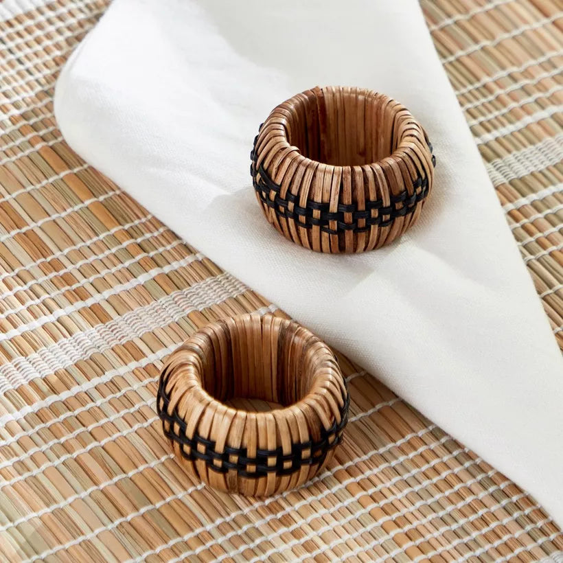 Handwoven Rattan & Black Accent Napkin Rings (Set of 2)