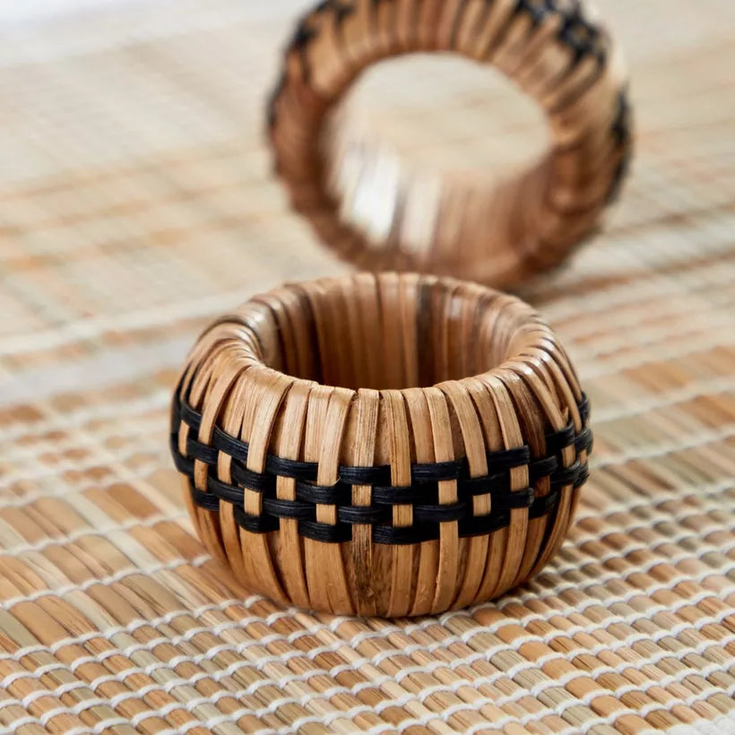 Handwoven Rattan & Black Accent Napkin Rings (Set of 2)