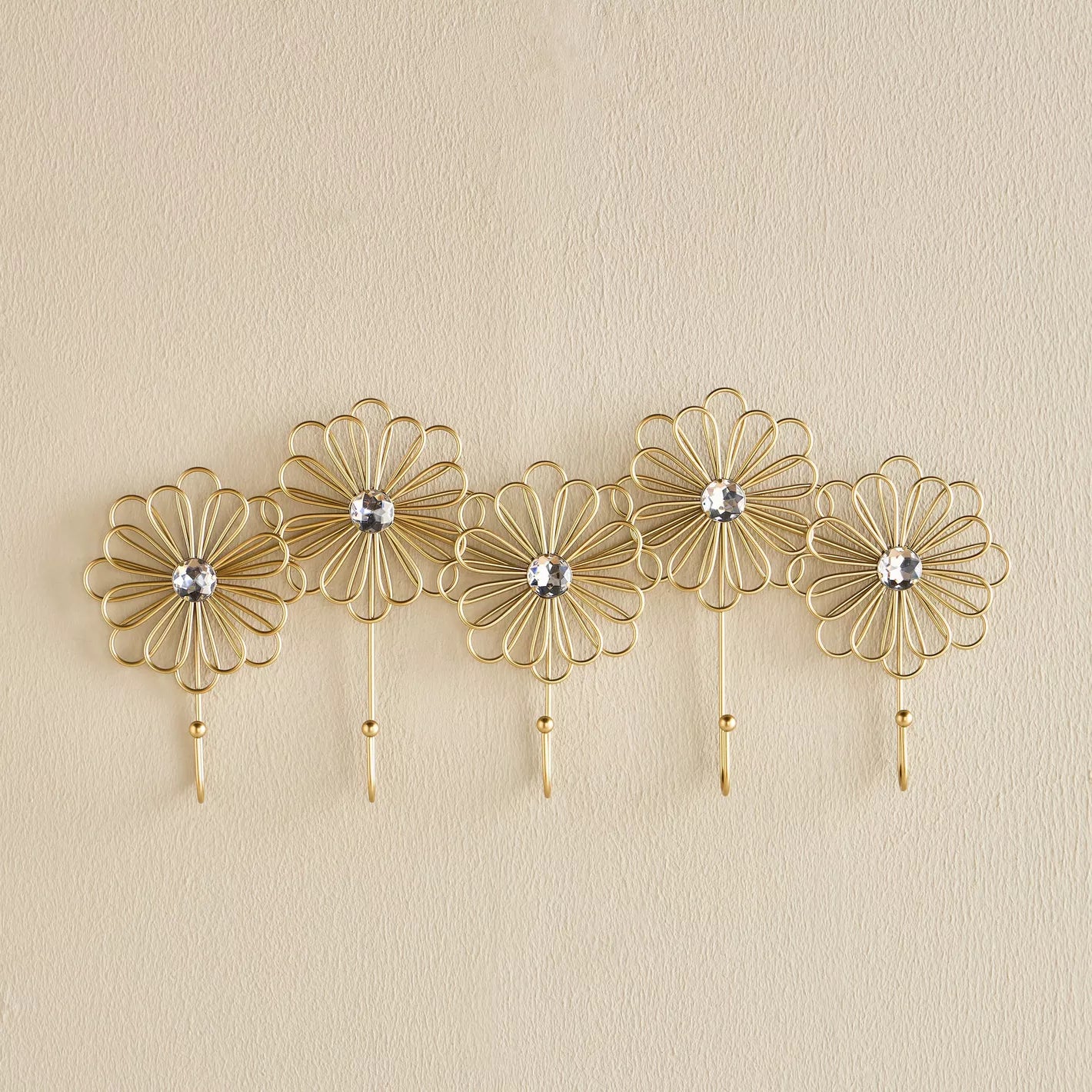 Gilded Floral Wall Hook Rack with Crystal Accents