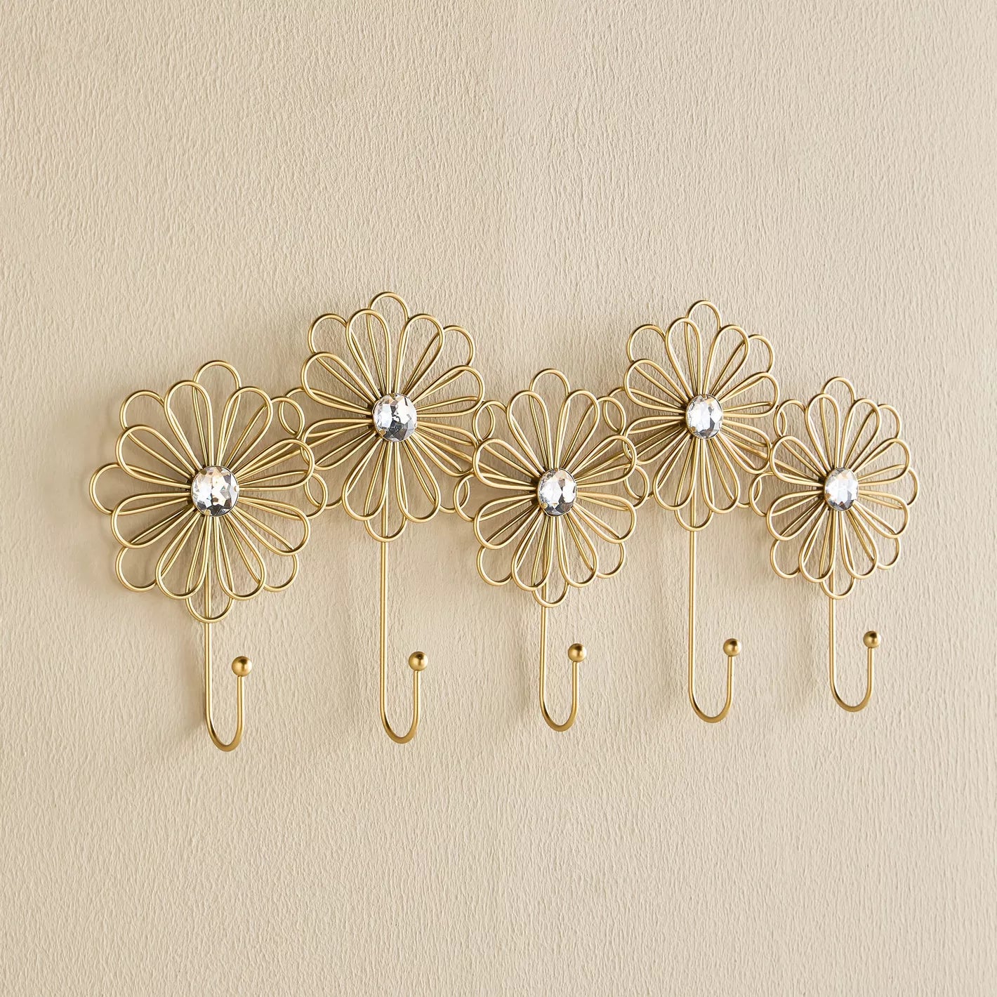 Gilded Floral Wall Hook Rack with Crystal Accents