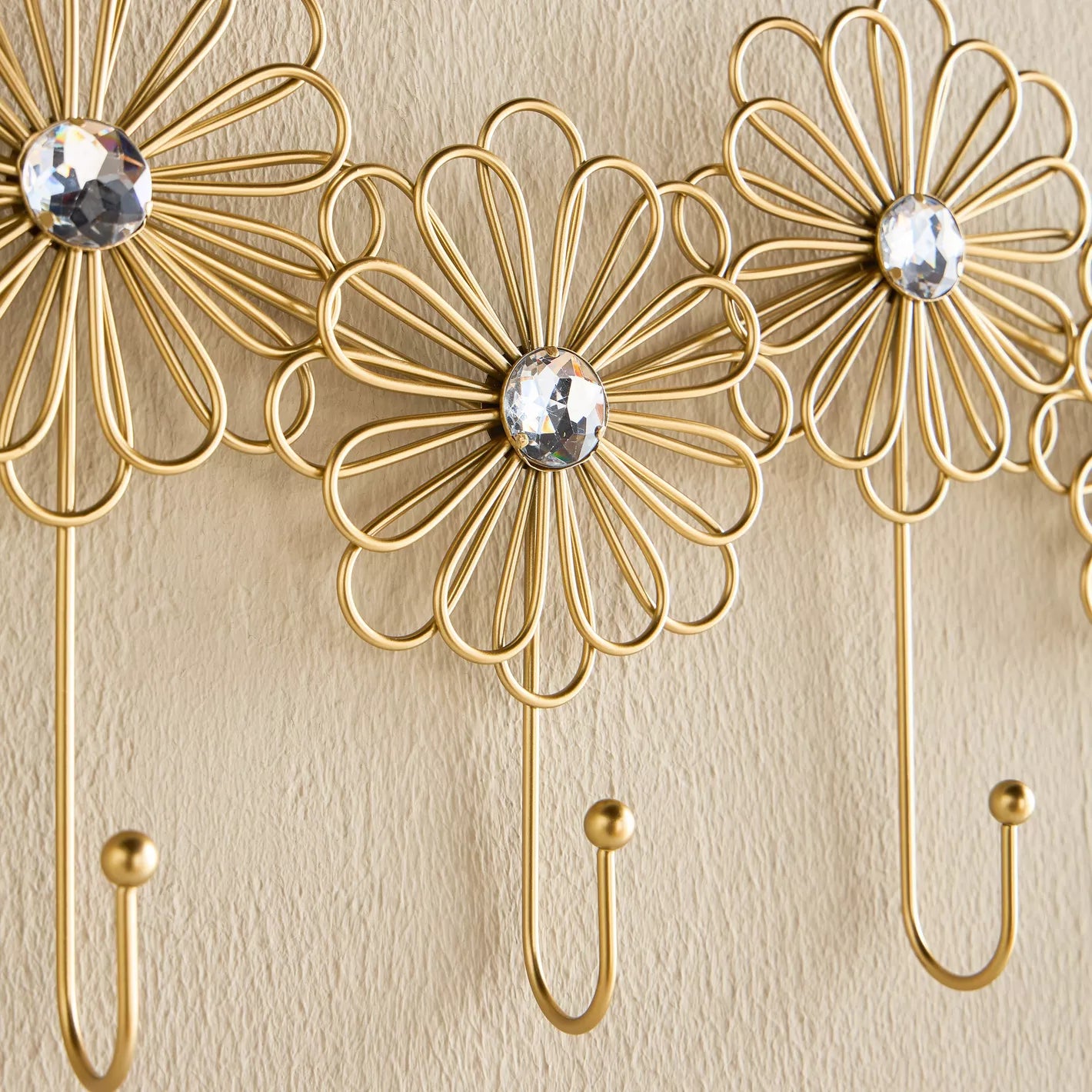 Gilded Floral Wall Hook Rack with Crystal Accents