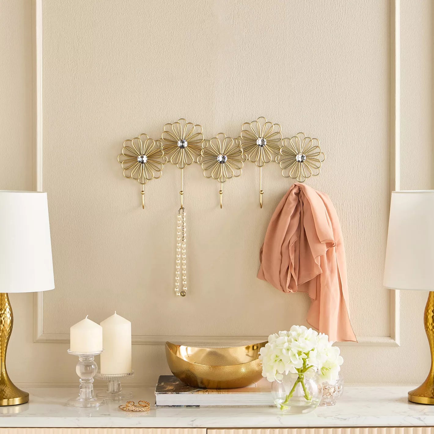 Gilded Floral Wall Hook Rack with Crystal Accents