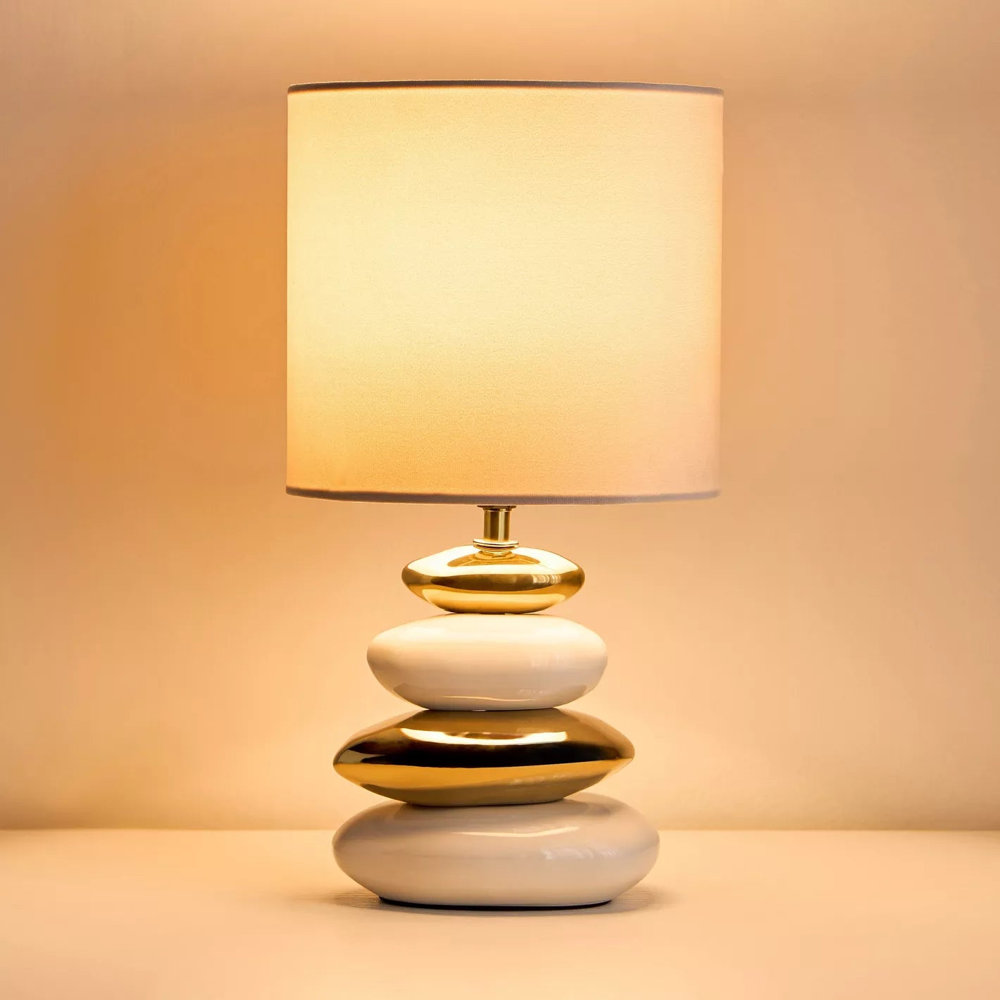 Chic White & Gold Stacked Pebble Ceramic Table Lamp with White Shade - 38 cm