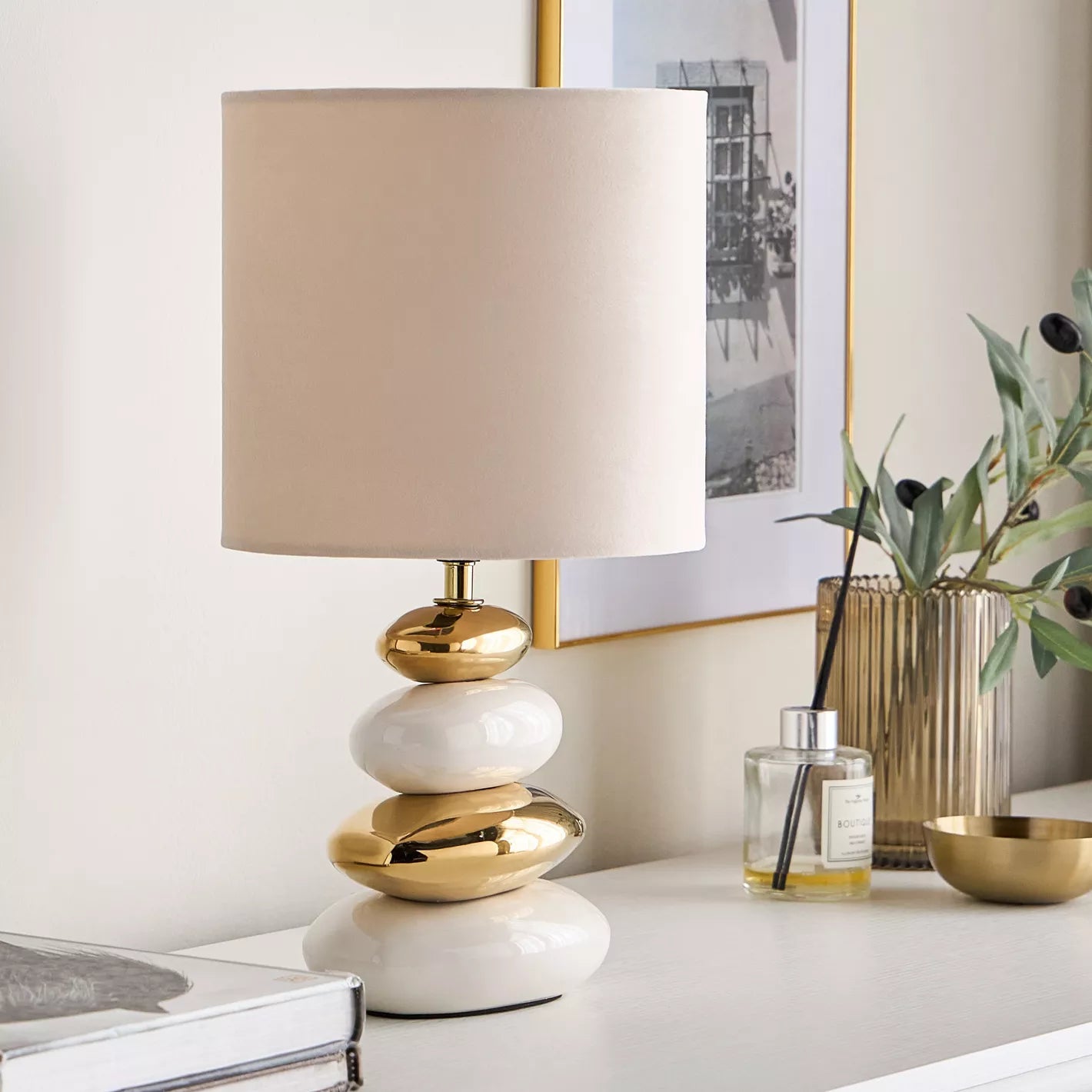 Chic White & Gold Stacked Pebble Ceramic Table Lamp with White Shade - 38 cm