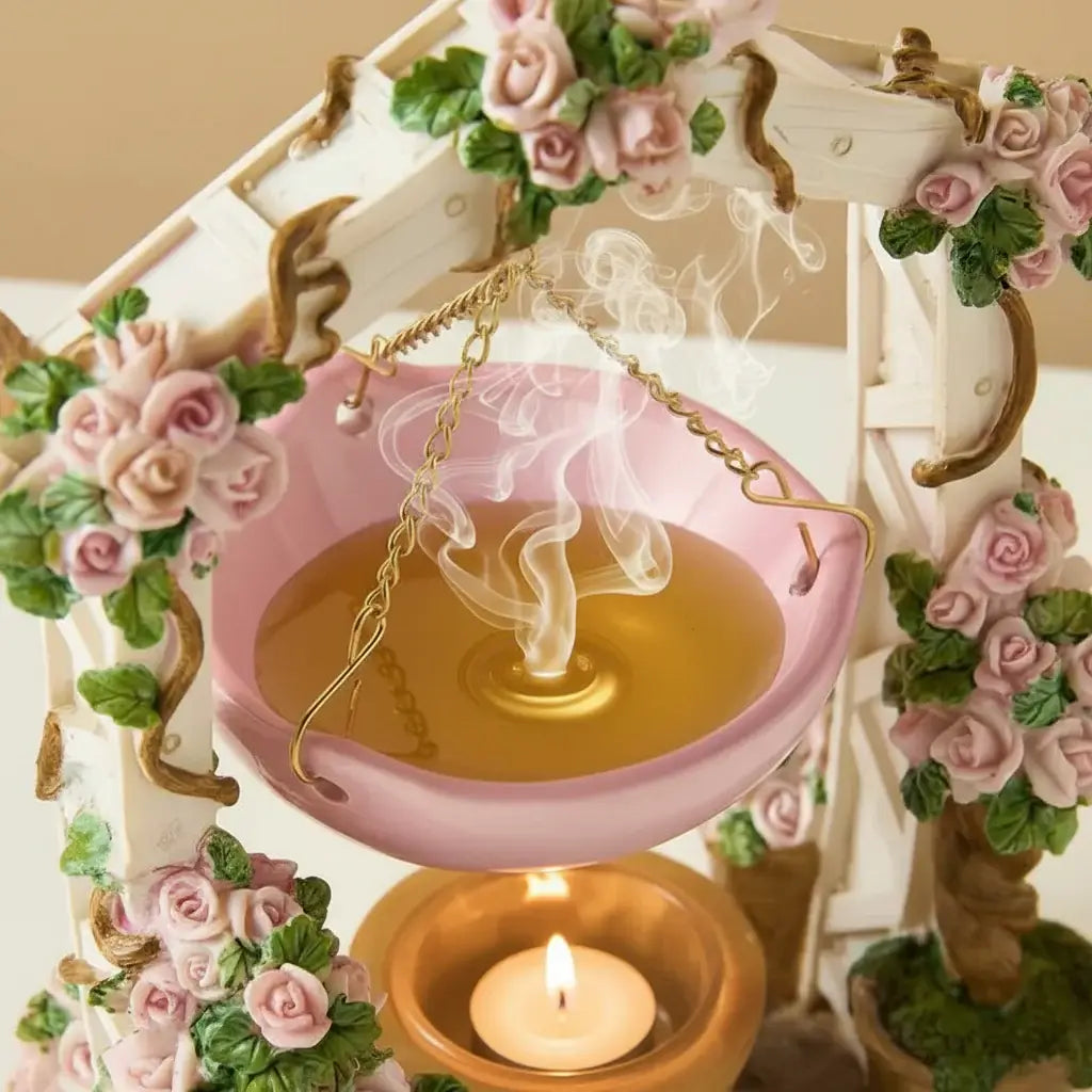 Decorative pink dish on a floral and wooden stand with a beige background