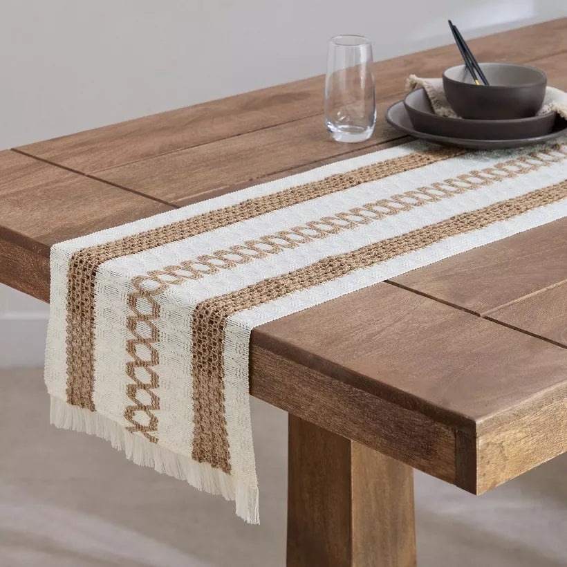 Rustic Farmhouse Blend Table Runner with Fringe - Natural Woven Design