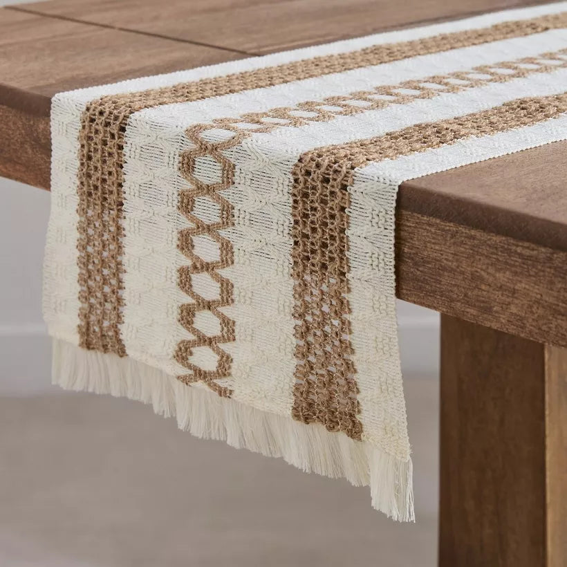 Rustic Farmhouse Blend Table Runner with Fringe - Natural Woven Design