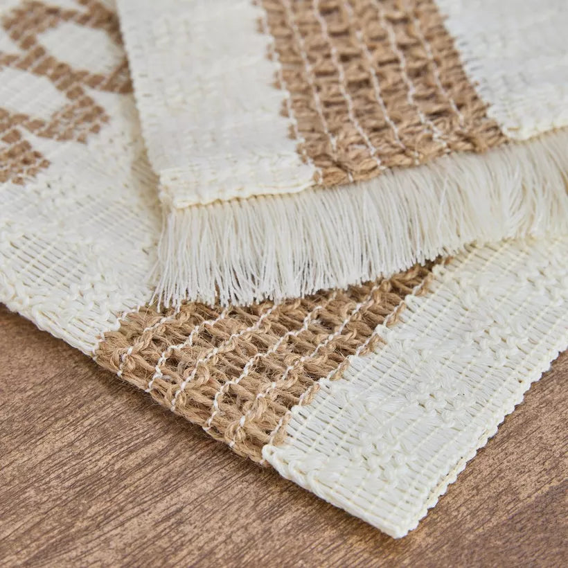 Rustic Farmhouse Blend Table Runner with Fringe - Natural Woven Design