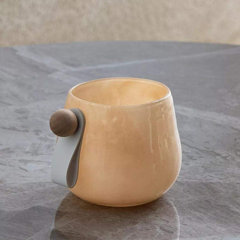 Modern Nordic Peach Glass Vase with Leather & Wood Accent
