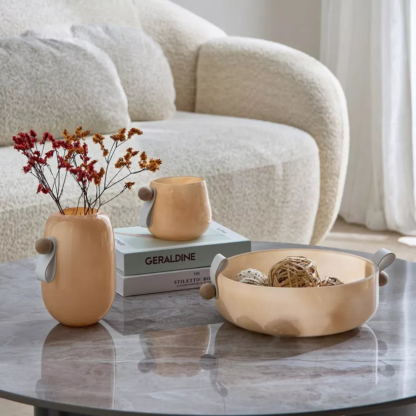 Modern Nordic Peach Glass Vase with Leather & Wood Accent