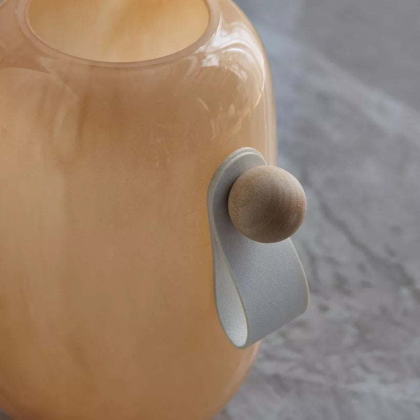 Modern Nordic Peach Glass Vase with Leather & Wood Accent (Large)