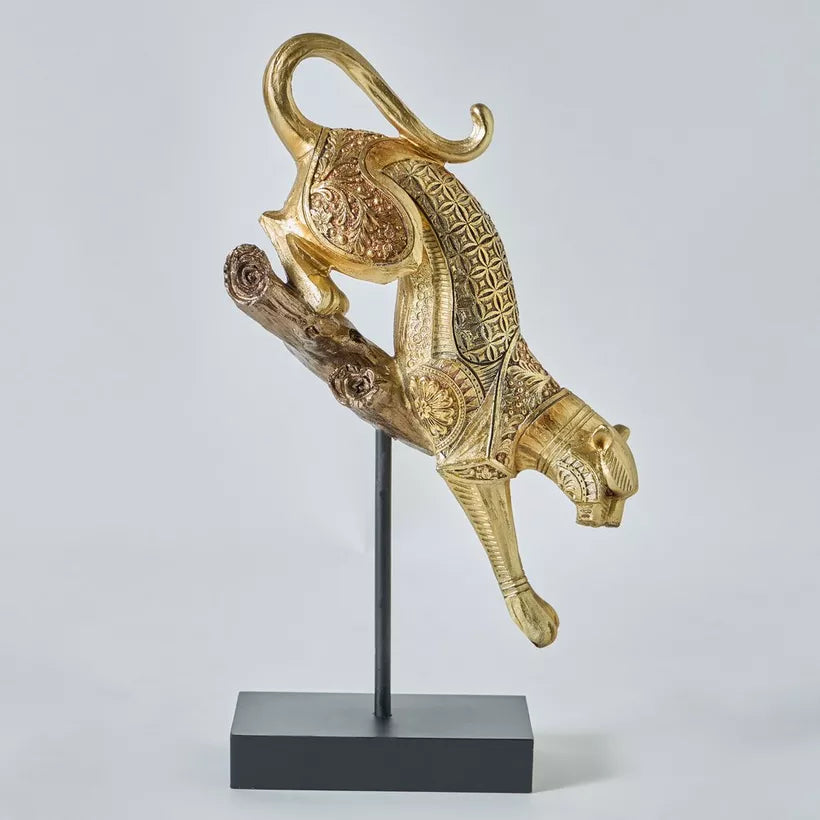 Regal Golden Leopard on Branch Sculpture