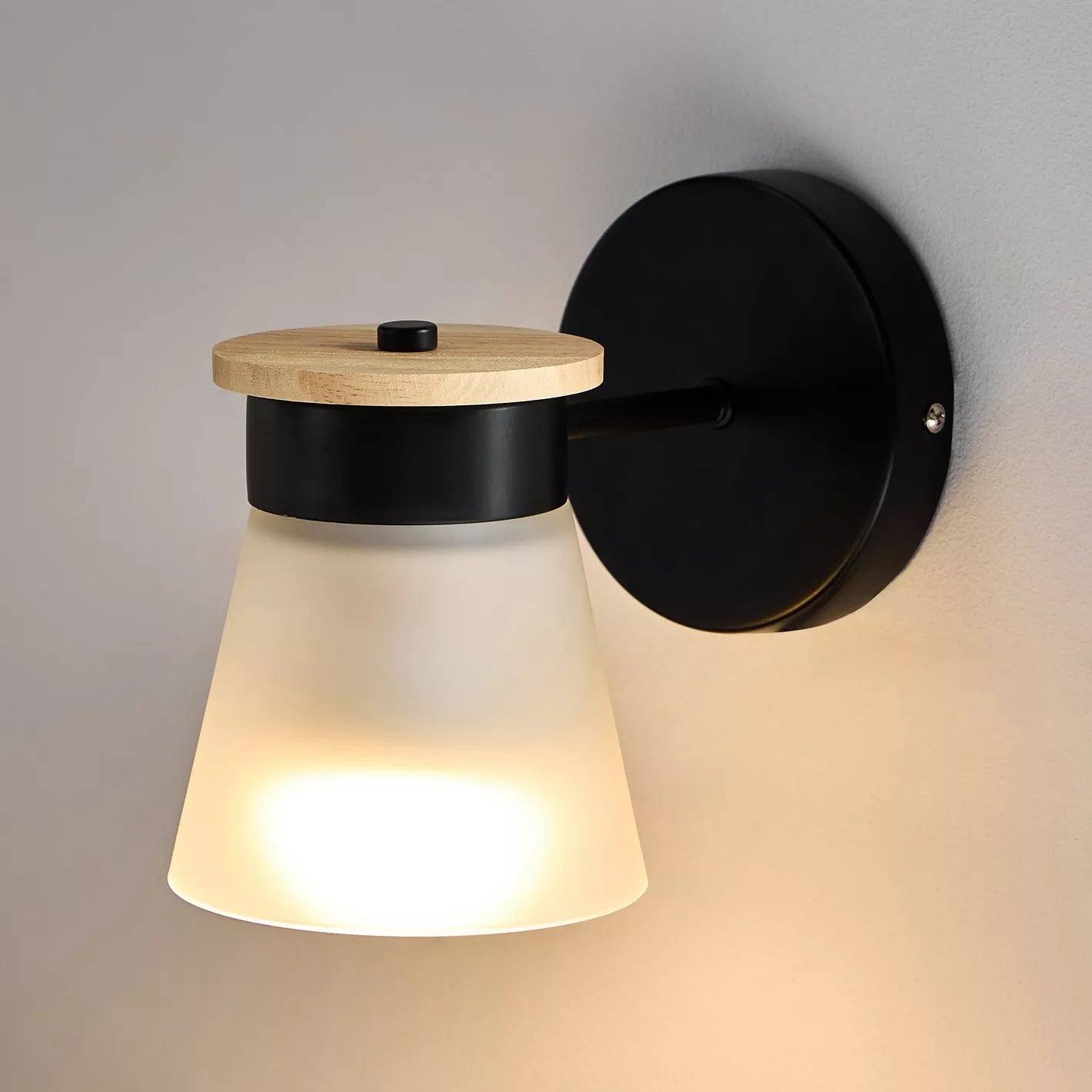 Modern Industrial Wall Sconce with Wood Accents and Frosted Shade