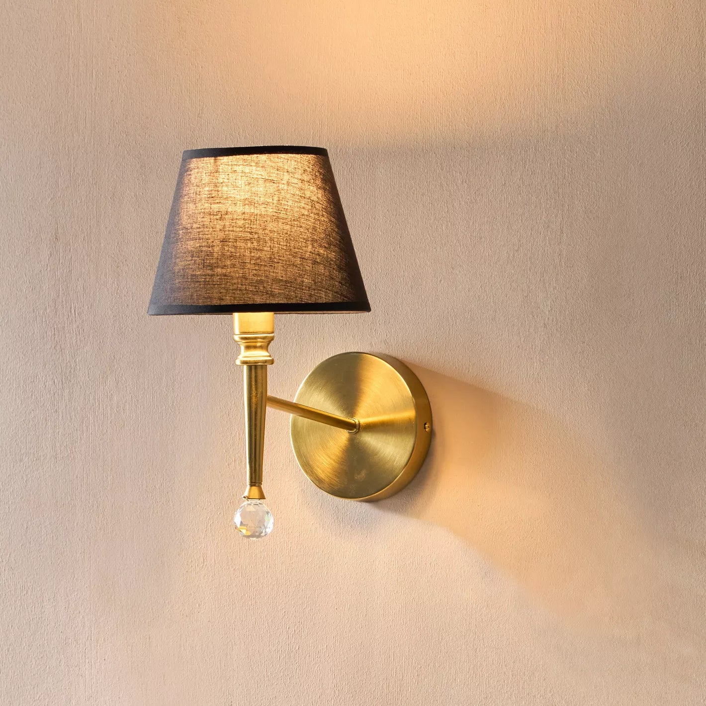 Chic Brass Metal Wall Sconce with Black Shade & Crystal Accent