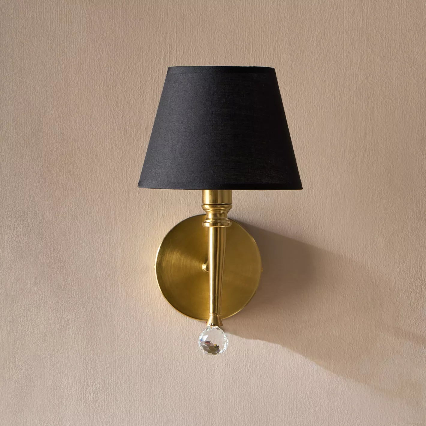 Chic Brass Metal Wall Sconce with Black Shade & Crystal Accent