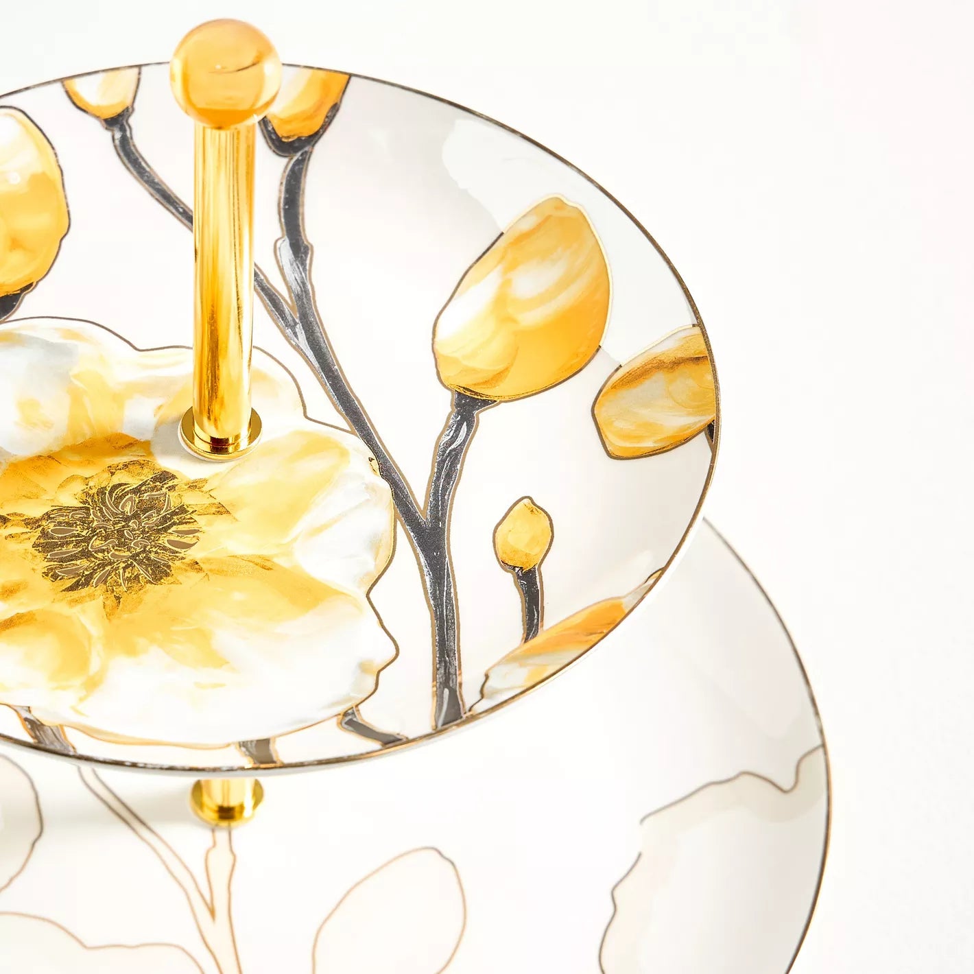 Artistic Two-Tier Dessert Stand with Abstract Floral Design & Gold Accents