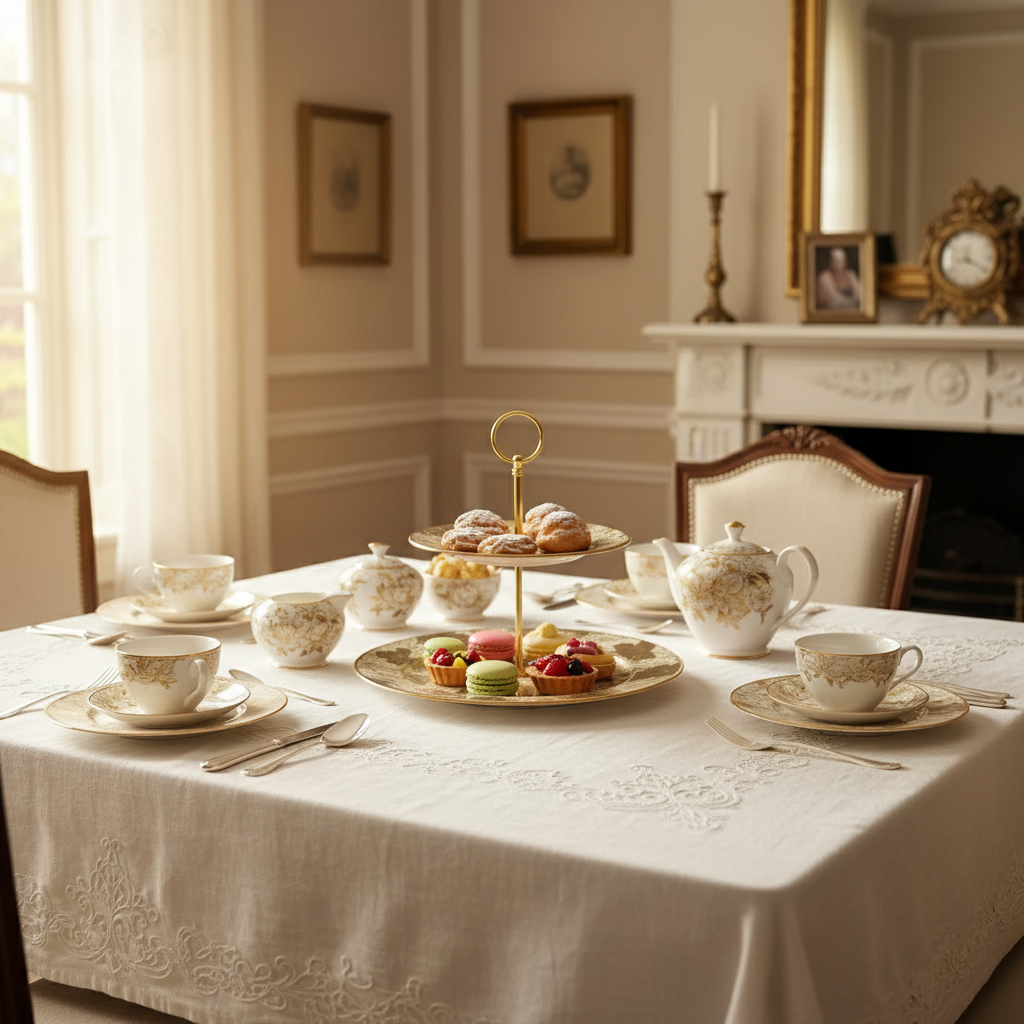 Elegant dining table set with tea service and pastries in a formal room.