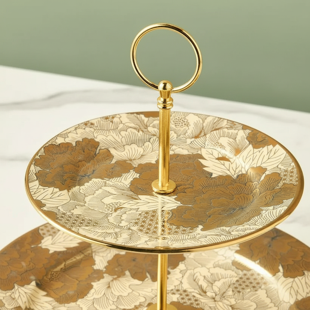Gold two-tiered stand with floral design on a white surface
