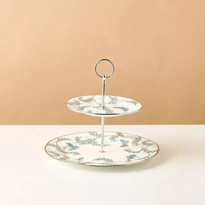 Charming Two-Tier Ceramic Dessert Stand with Butterfly & Foliage Design