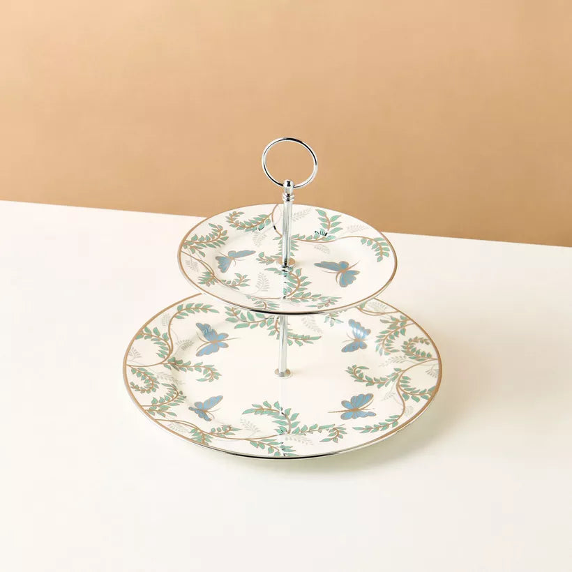 Charming Two-Tier Ceramic Dessert Stand with Butterfly & Foliage Design