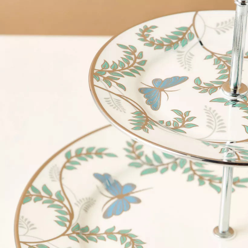 Charming Two-Tier Ceramic Dessert Stand with Butterfly & Foliage Design