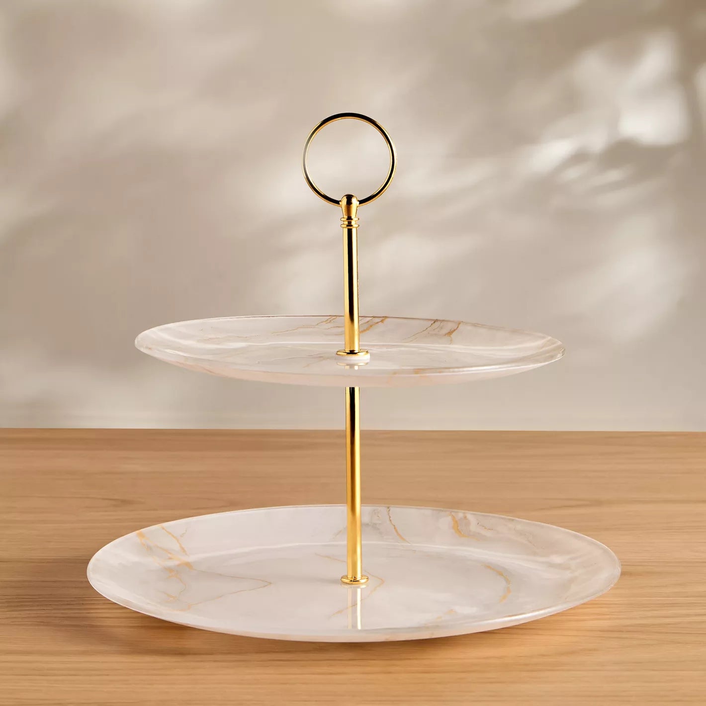 Modern Two-Tier Marble-Effect Glass Dessert Stand with Gold Accents