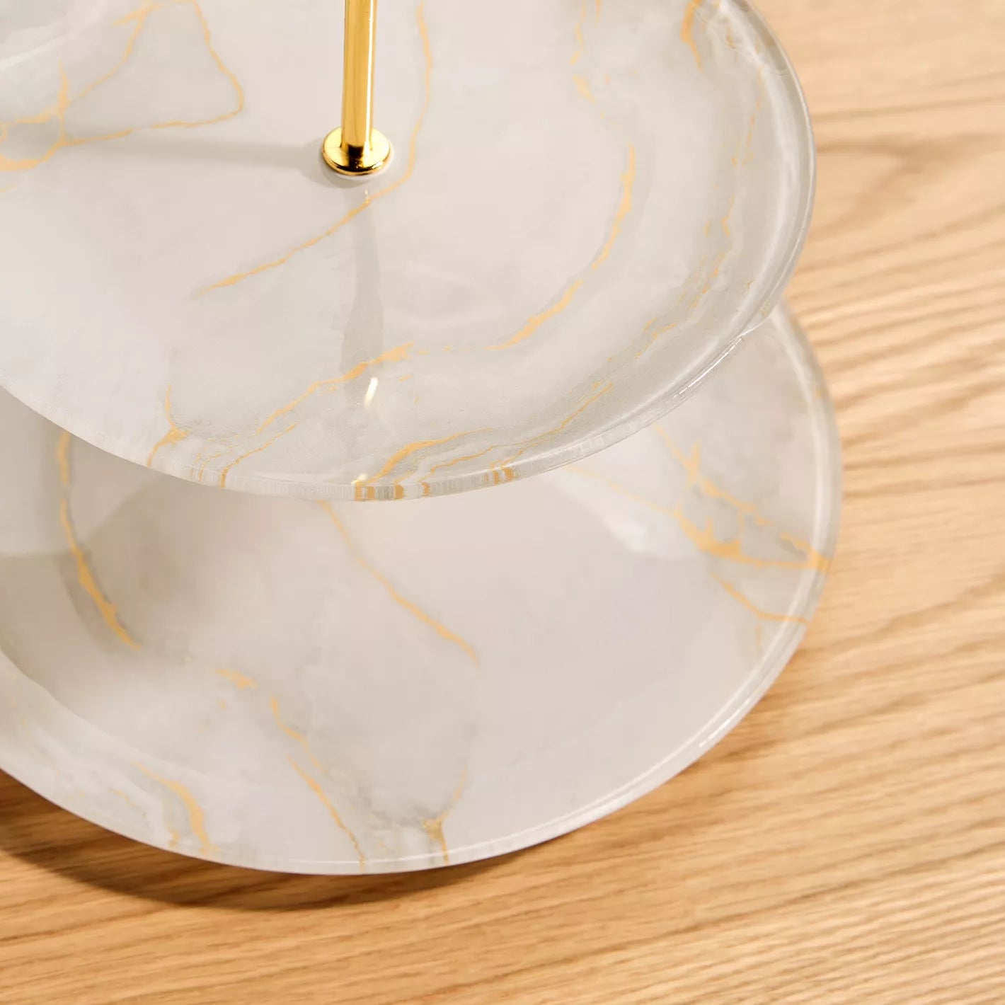 Modern Two-Tier Marble-Effect Glass Dessert Stand with Gold Accents