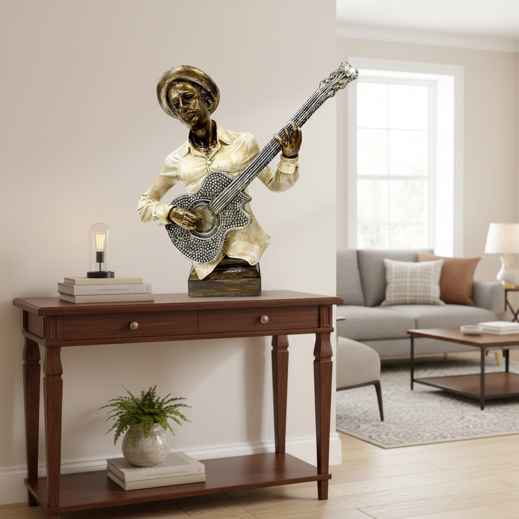 Bronze sculpture of a musician playing an acoustic guitar on a gray background