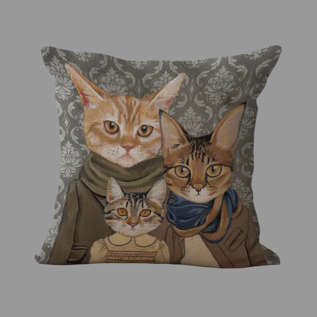 Decorative pillow with cat illustrations on a gray background