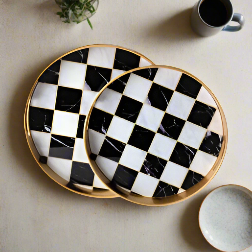 Chic Checkers: Black & White Glass Tray With Metal Gold Rim (Single)