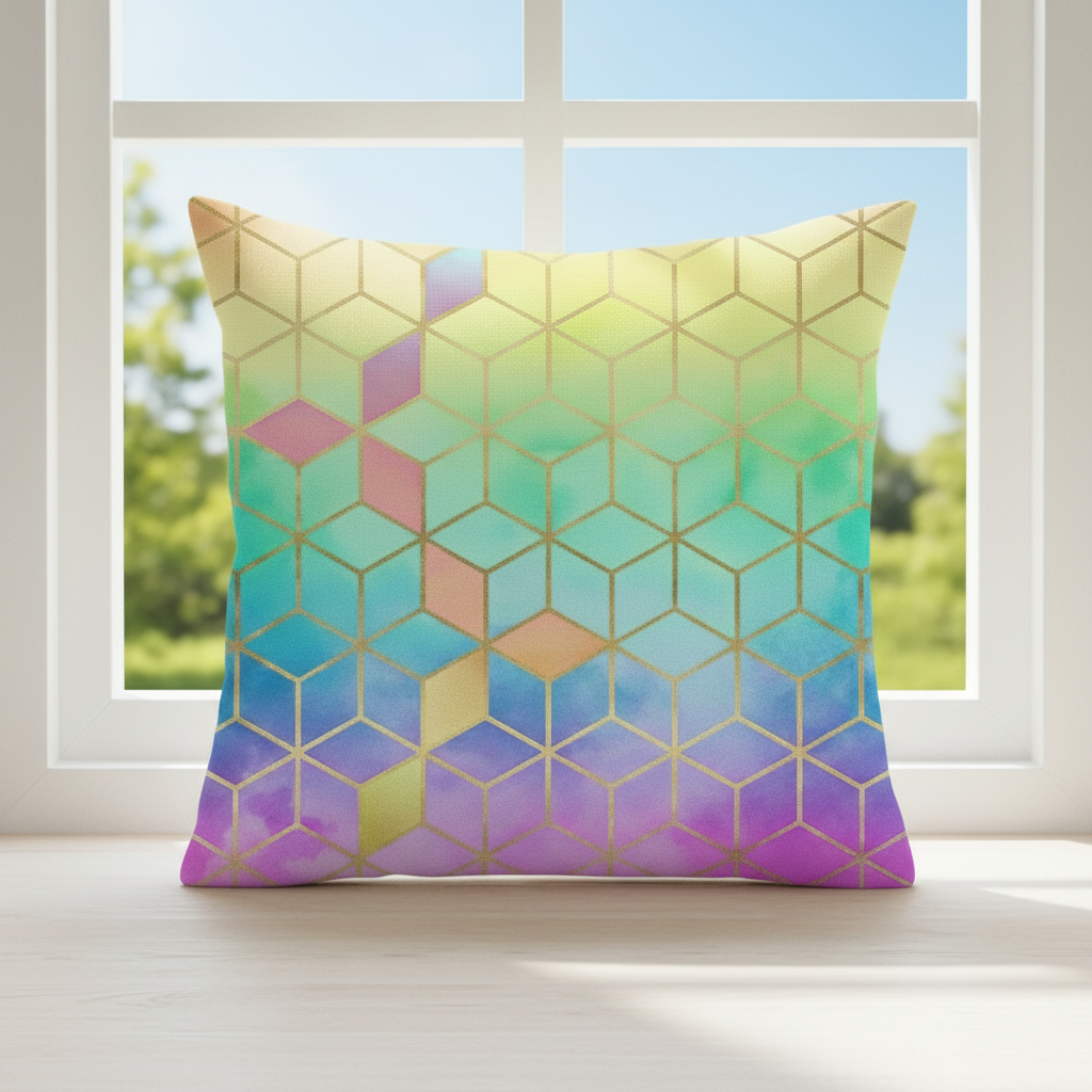 Colorful geometric pillow on a windowsill with a blurred outdoor background