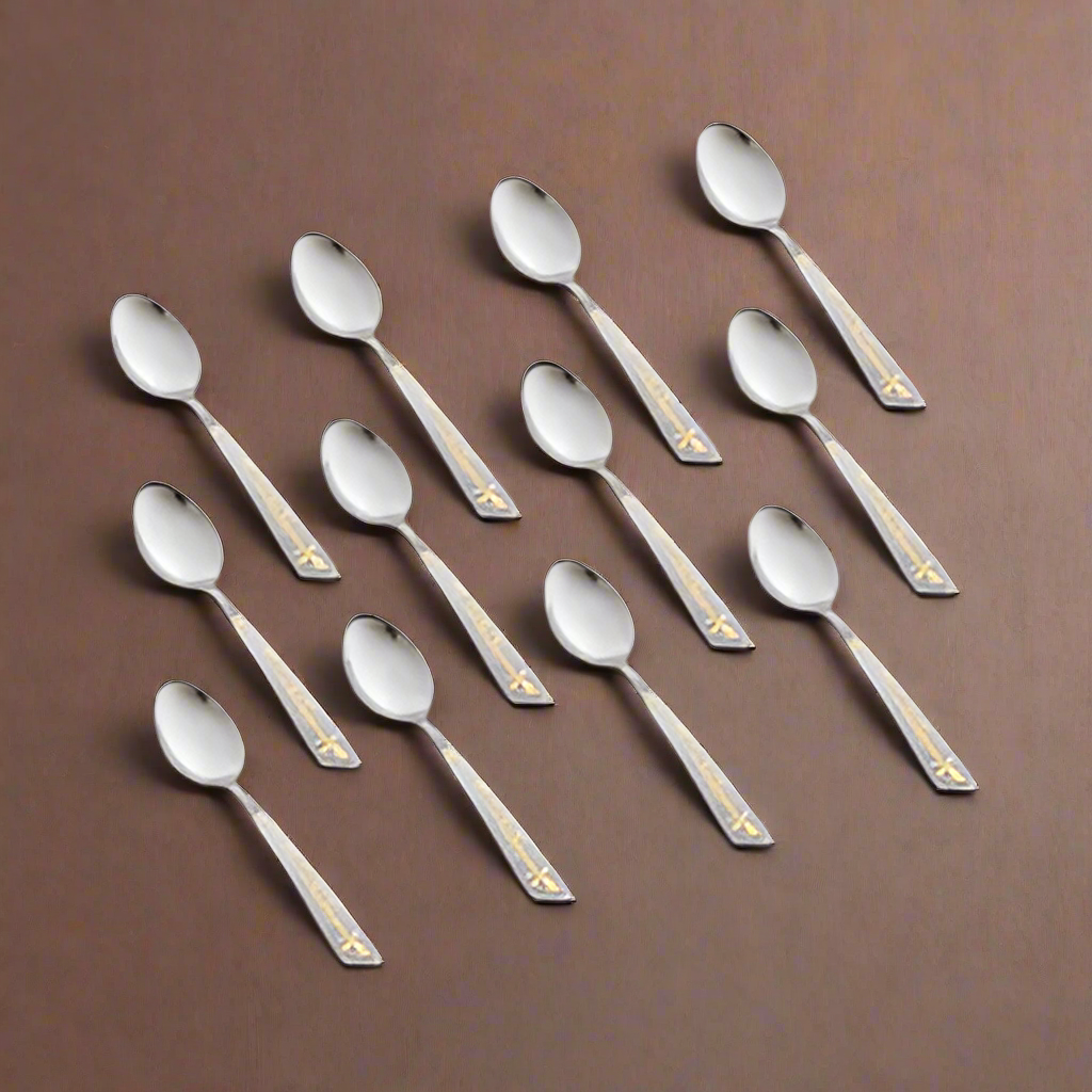 Elegant Stainless Steel Dessert spoons Set with Gold Motif - 12 Piece Cutlery Collection