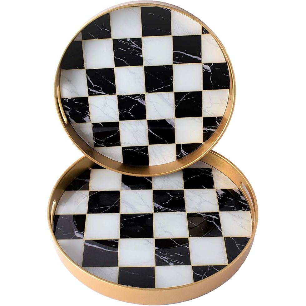 Chic Checkers: Black & White Glass Tray With Metal Gold Rim (Single)