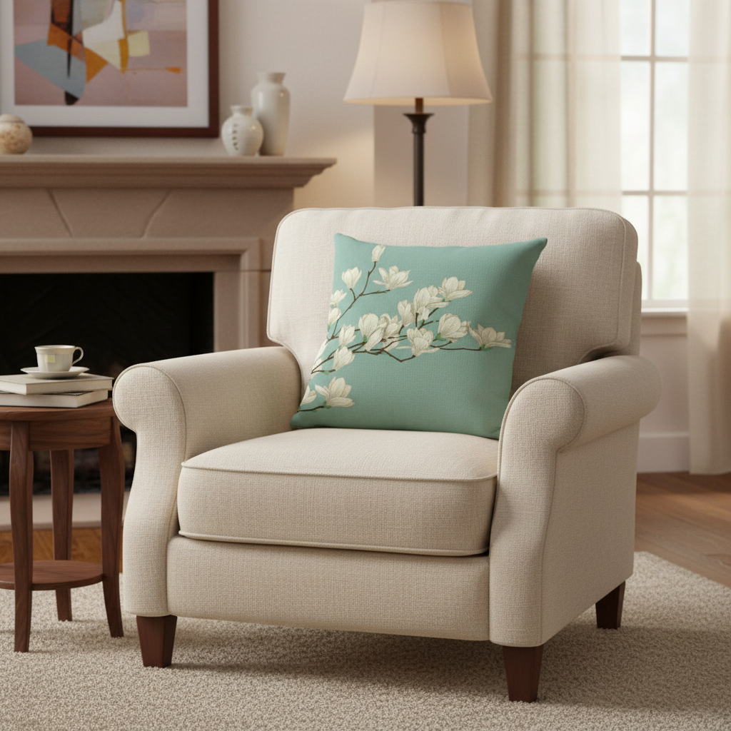 Elegant Magnolia Branch Cushion Cover in Aqua