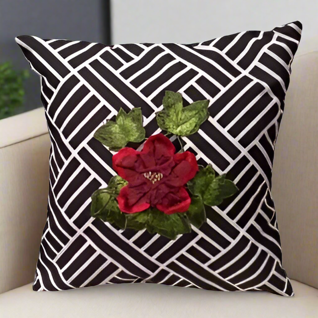 Geo Bloom: Black & White Lattice Cushion cover with Red Floral Appliqué