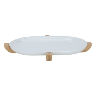 Organic Modern: Oval Ceramic Serving Platter with Wooden Base
