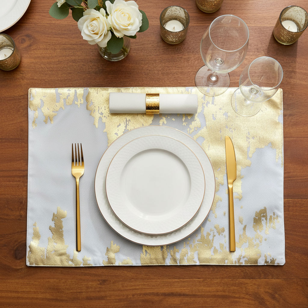 Modern Art Gold & White Placemat – Abstract Metallic Splatter Design for Contemporary Dining (Set of 8)