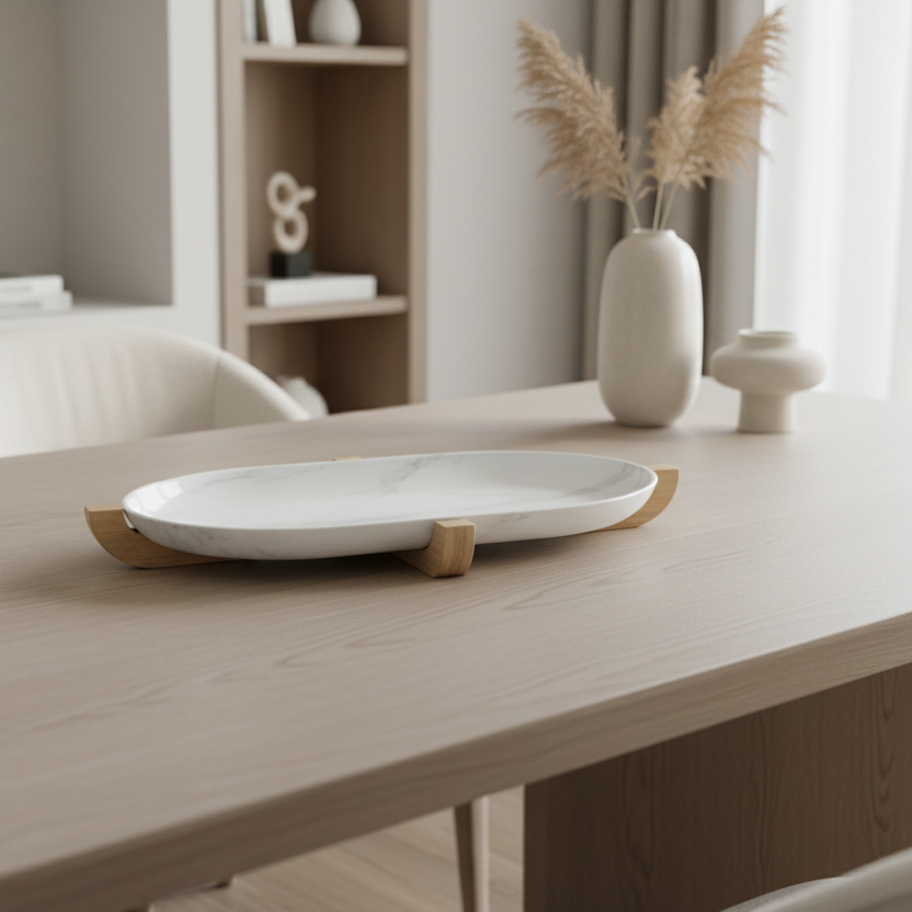 White oval dish on a wooden table with decorative elements in a minimalistic room.