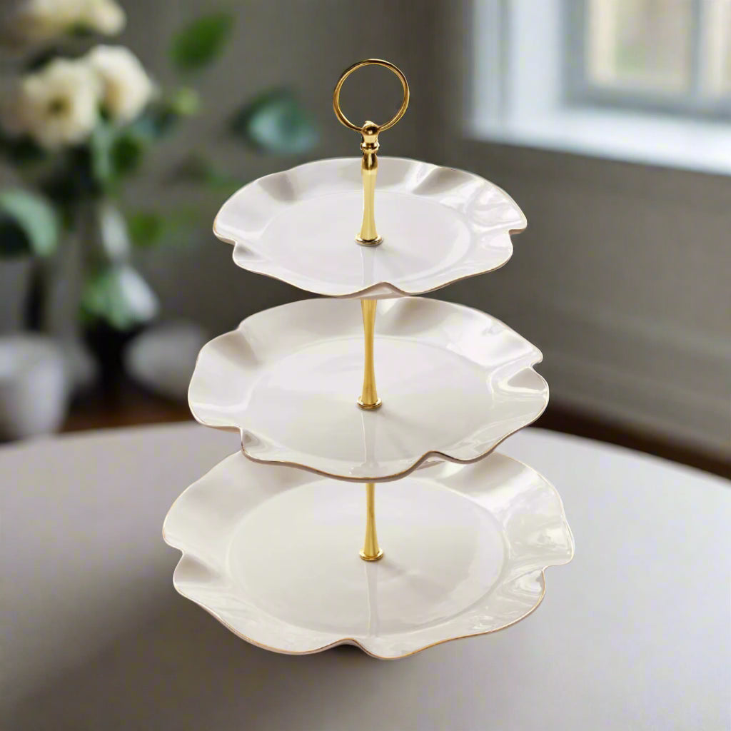 Chic 3-Tier Ruffled Porcelain Cupcake Stand – Gold Accented Dessert Server for Elegant Entertaining