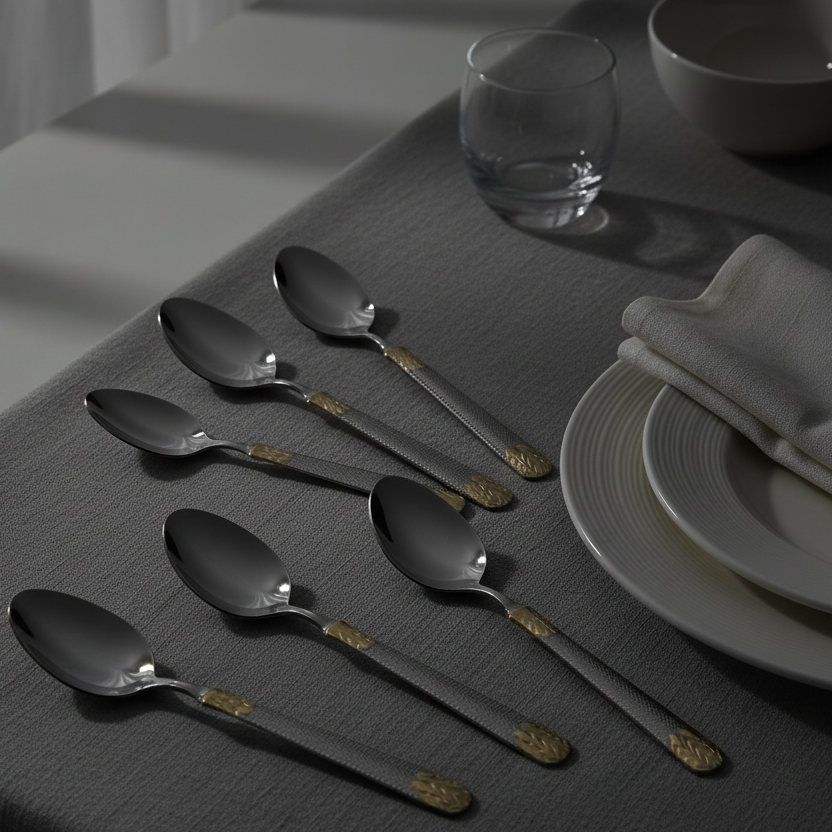 Set of black spoons on a gray tablecloth with a glass and bowl in the background.