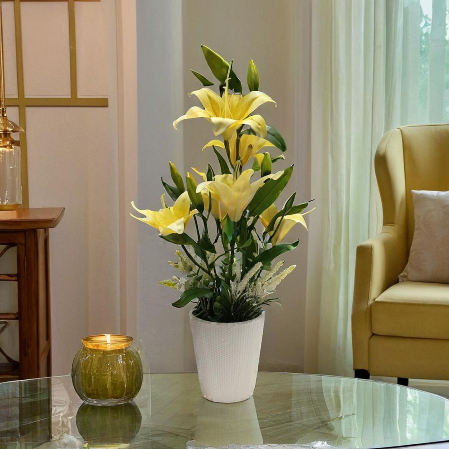 Sunny Splendor: Artificial Yellow Lily Arrangement in Ceramic Textured Pot