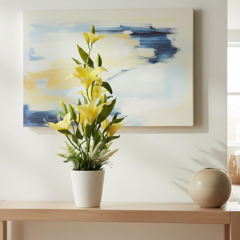 Potted plant with yellow flowers on a gray background