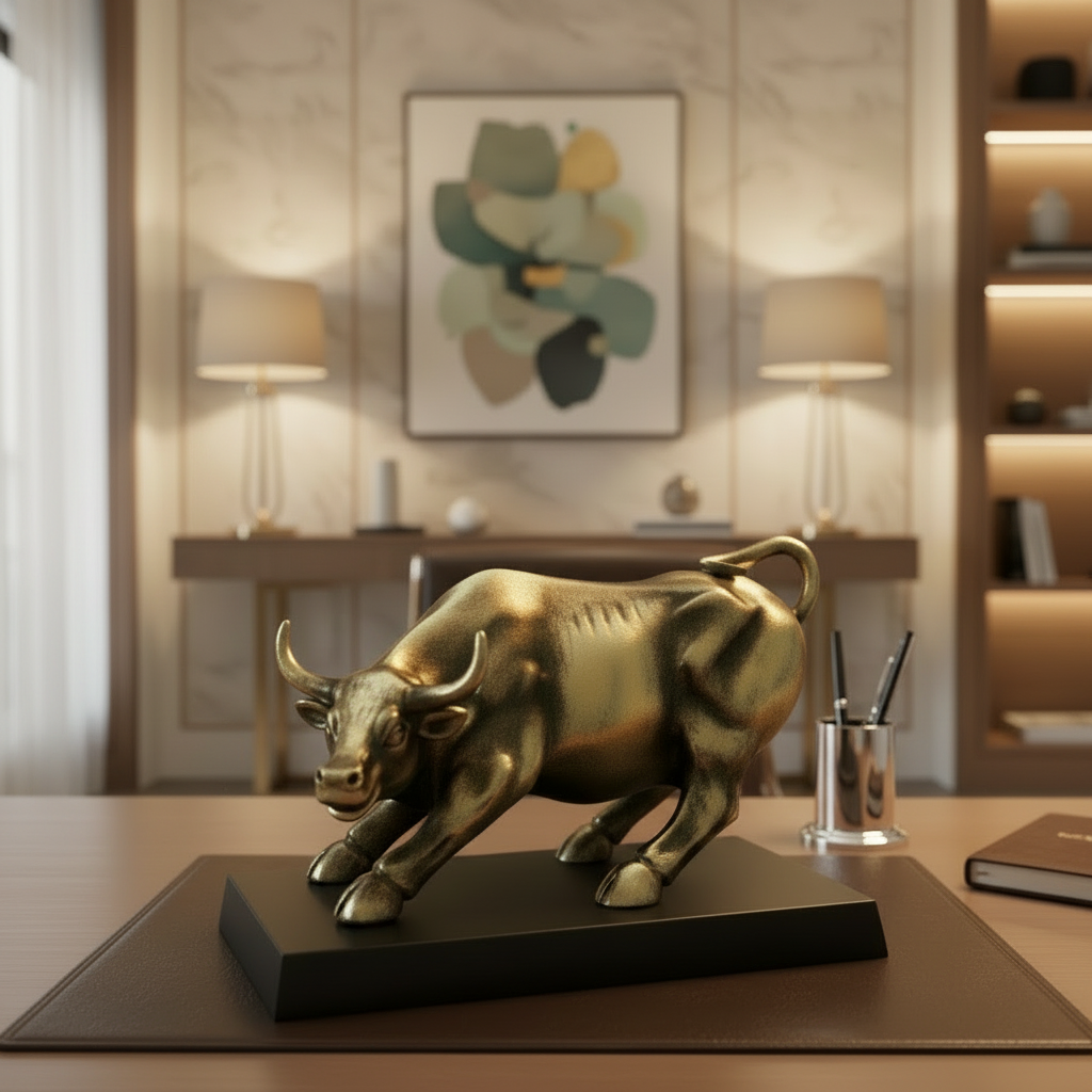 Gold bull statue on a desk in an office setting with decor elements.