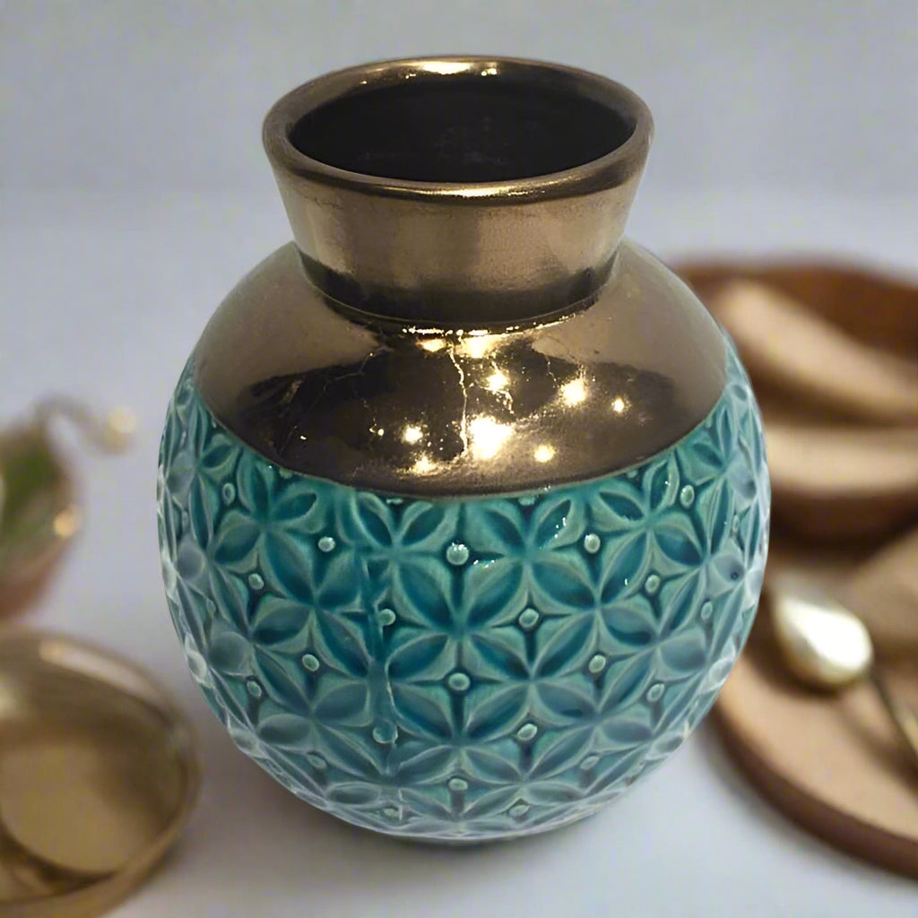 Azure & Glimmer: Textured Turquoise Blue and Gold Ceramic Vase