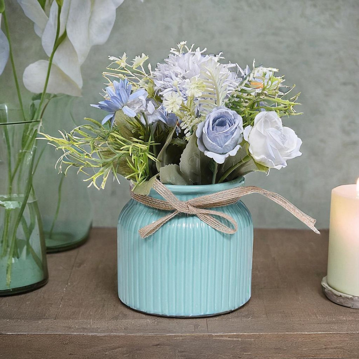 Serene Bloom: Artificial Blue & White Floral Arrangement in Ceramic Ribbed Aqua Vase