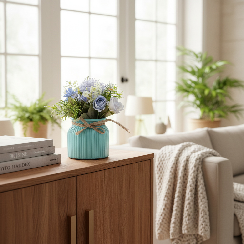 Serene Bloom: Artificial Blue & White Floral Arrangement in Ceramic Ribbed Aqua Vase