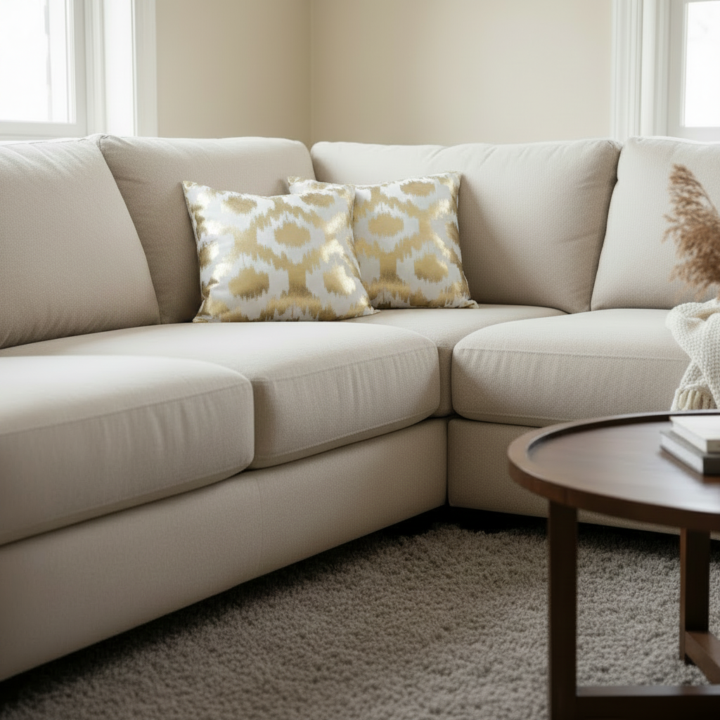 Beige sectional sofa with patterned cushions in a living room setting.